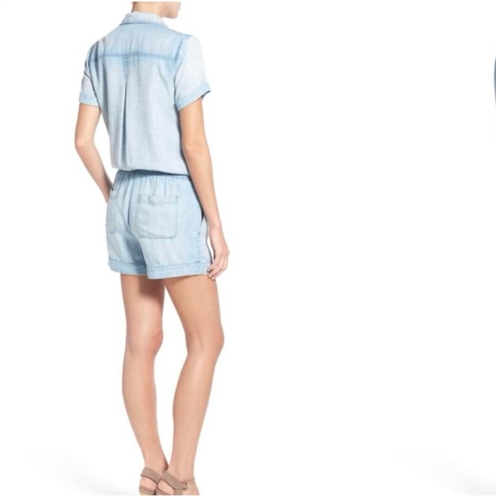 Side Stitch Denim Button Front Chambray Romper, Pockets, Tie Waist, Size Small - Picture 9 of 15